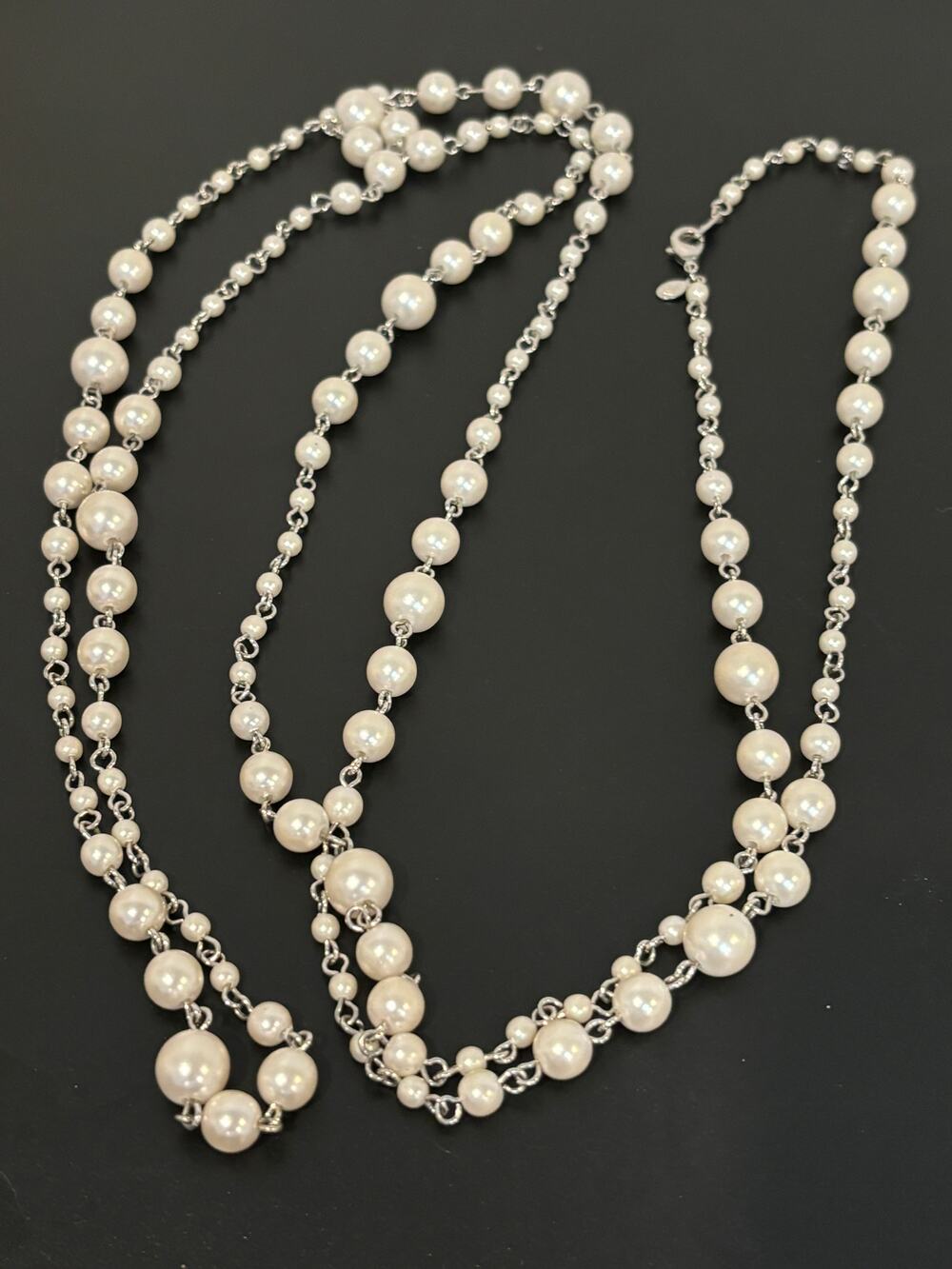 Vintage Premier Designs Faux Pearls Necklace Long Silver tone